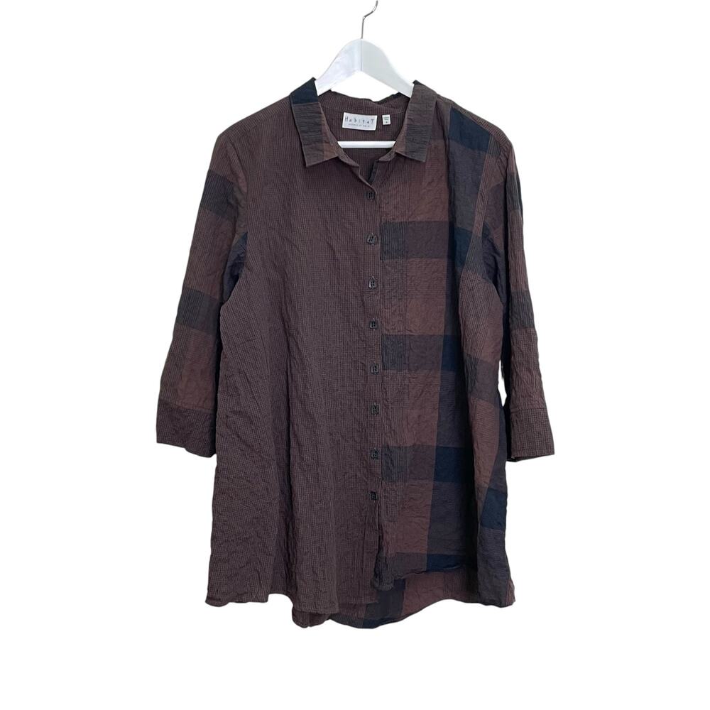 Habitat Black & Brown Plaid Check Button up Langenlook Tunic Shirt Size M